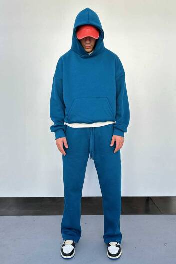 Petrol Mavi Oversize Boxy Fit Hoodie - 5