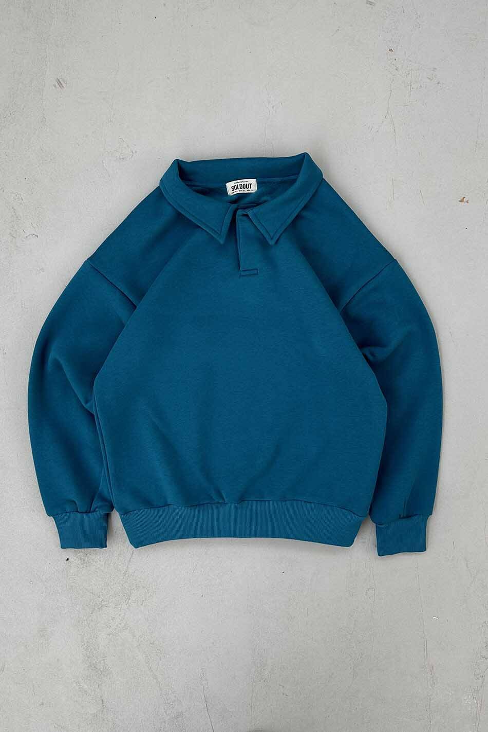 Petrol Mavi Polo Yaka Oversize Sweatshirt - SOLDOUT