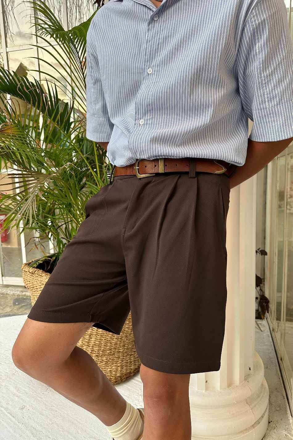 Pileli Kumaş Şort Kahve - SOLDOUT