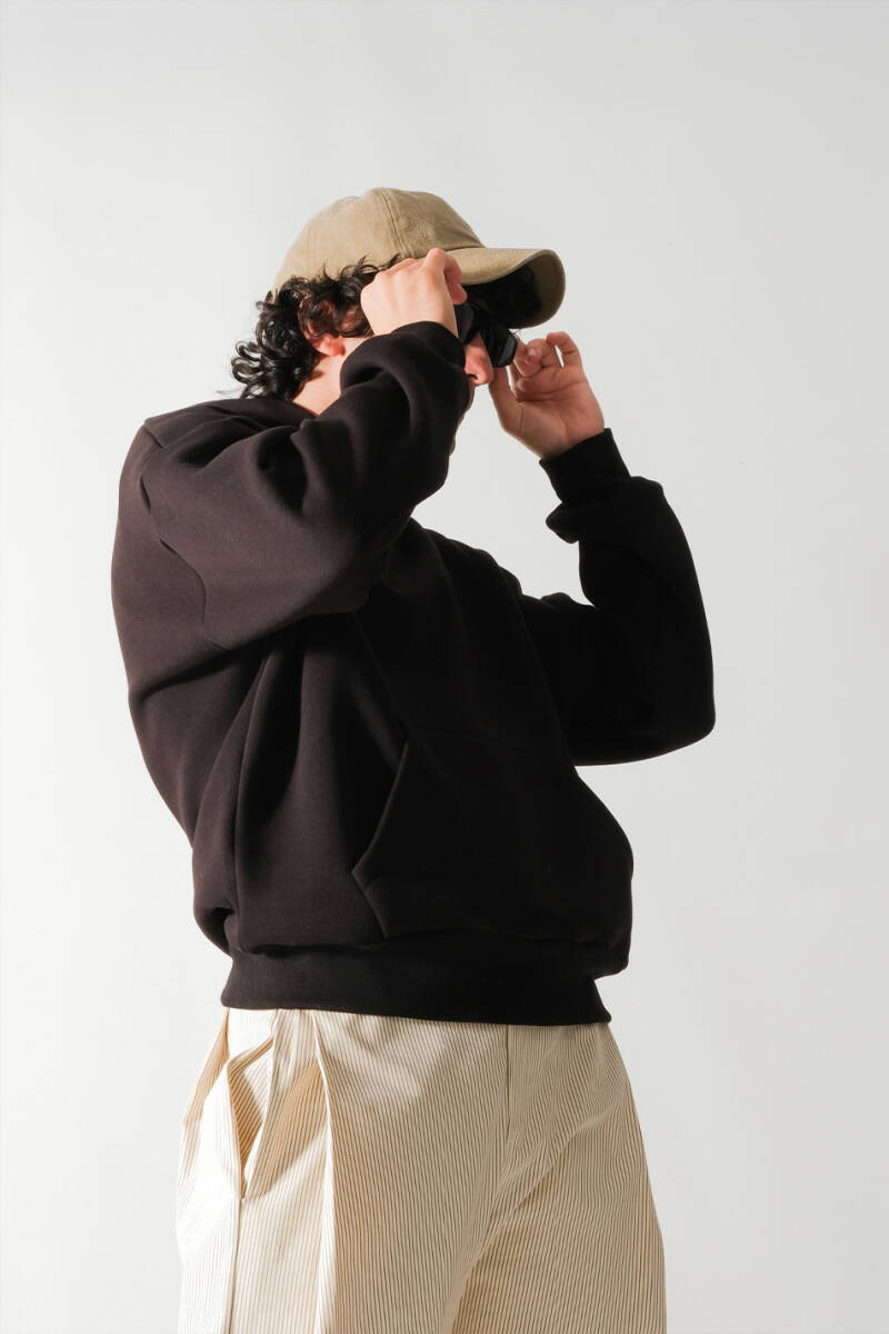 Siyah Oversize Boxy Fit Hoodie - 5