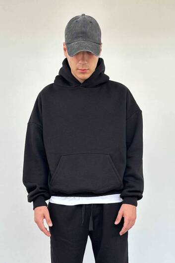 Siyah Oversize Boxy Fit Hoodie 
