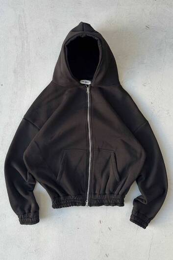 Siyah Oversize Boxy Fit Zip Hoodie - 5