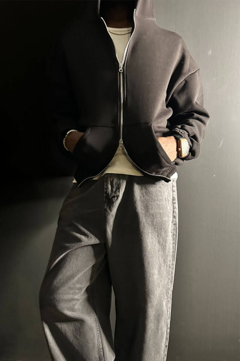 Siyah Oversize Boxy Fit Zip Hoodie - 2