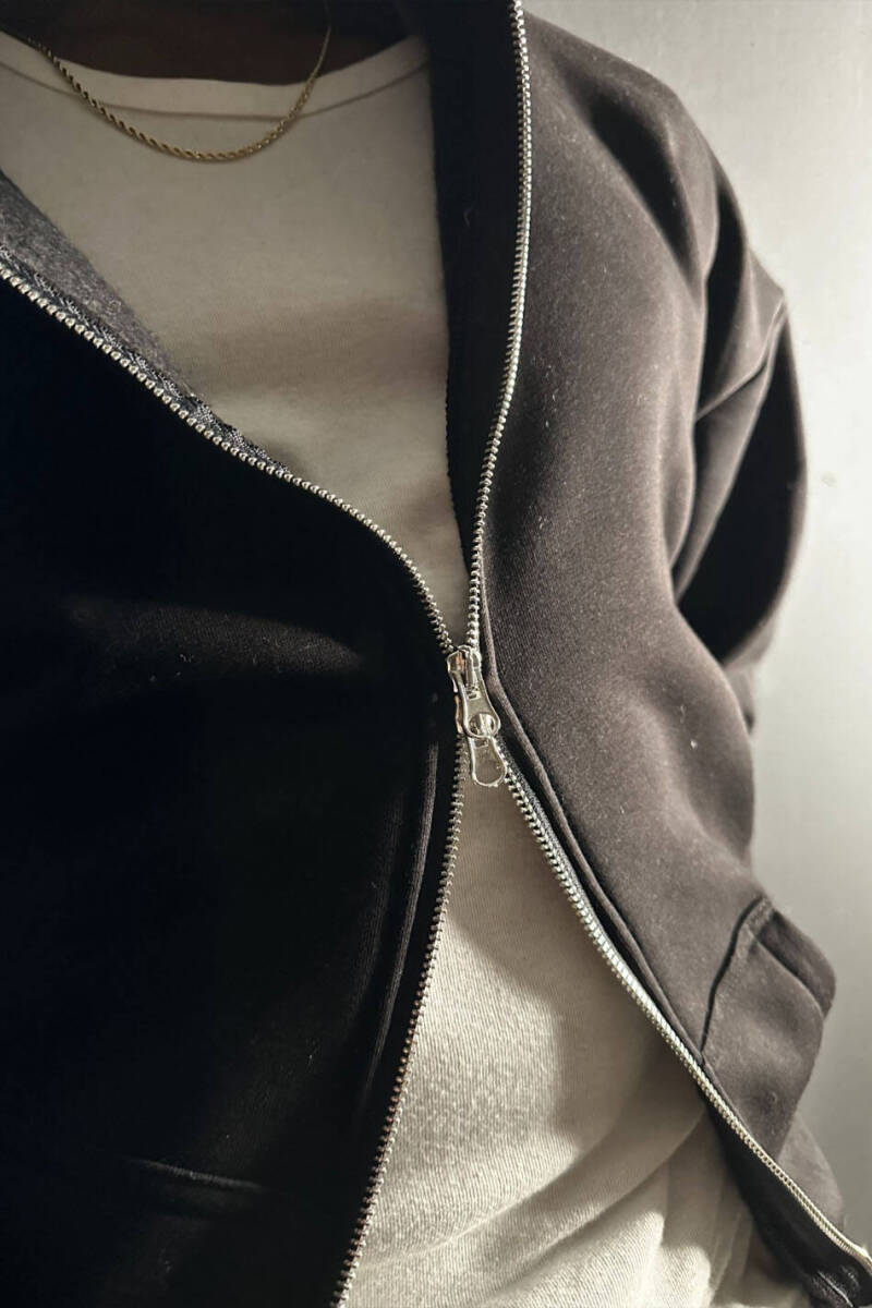 Siyah Oversize Boxy Fit Zip Hoodie - 4