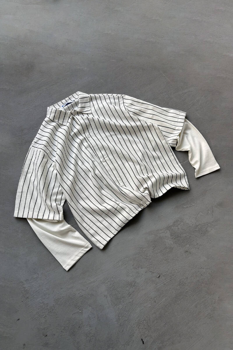  Siyah Çizgili Ekru Boxy Fit Layered Gömlek - 3