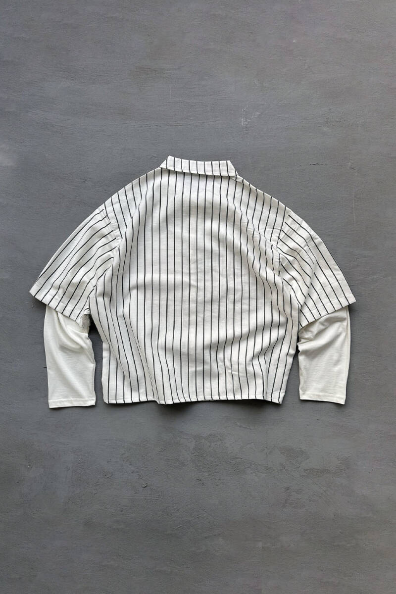 Siyah Çizgili Ekru Boxy Fit Layered Gömlek - 4