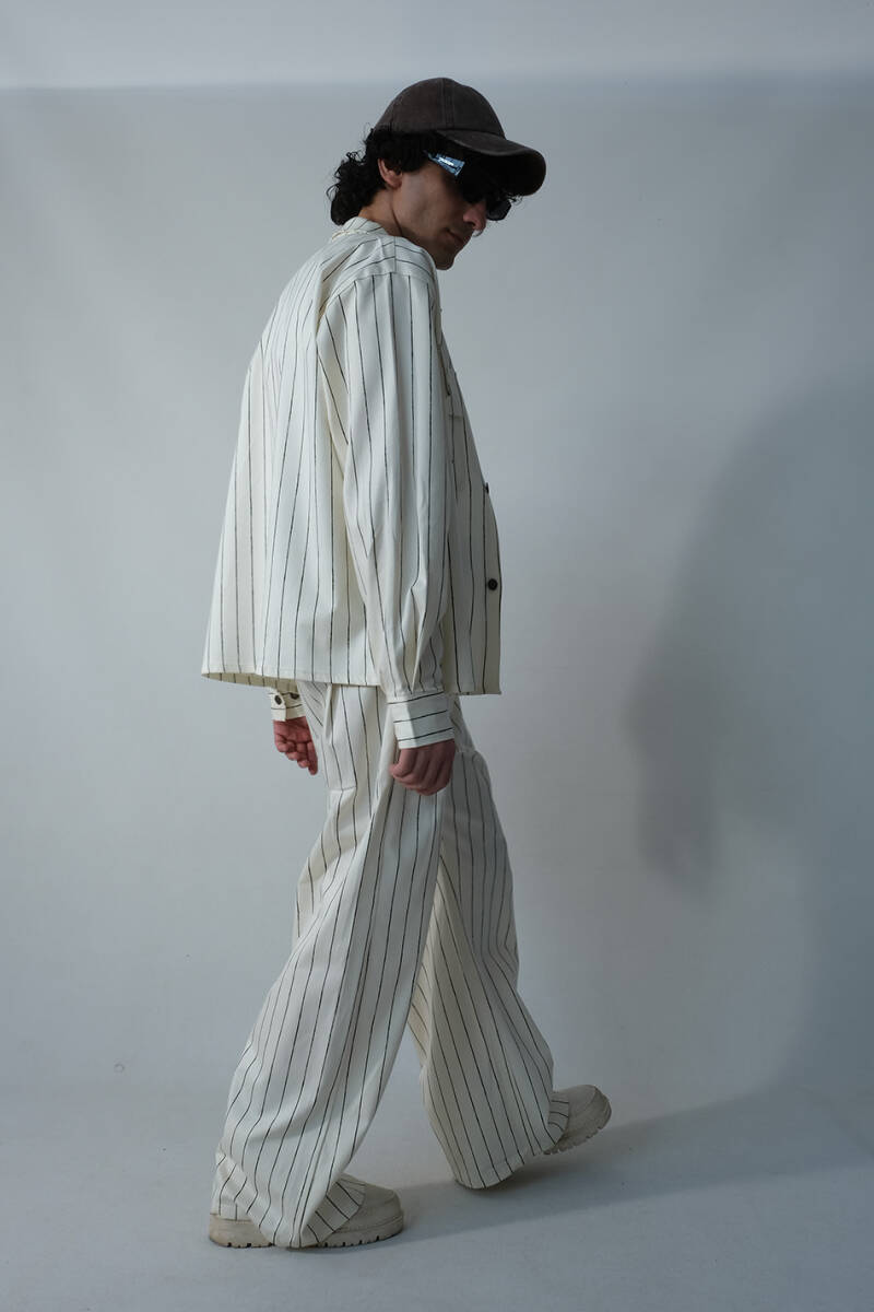 Siyah Çizgili Ekru Oversize Ceket - 2