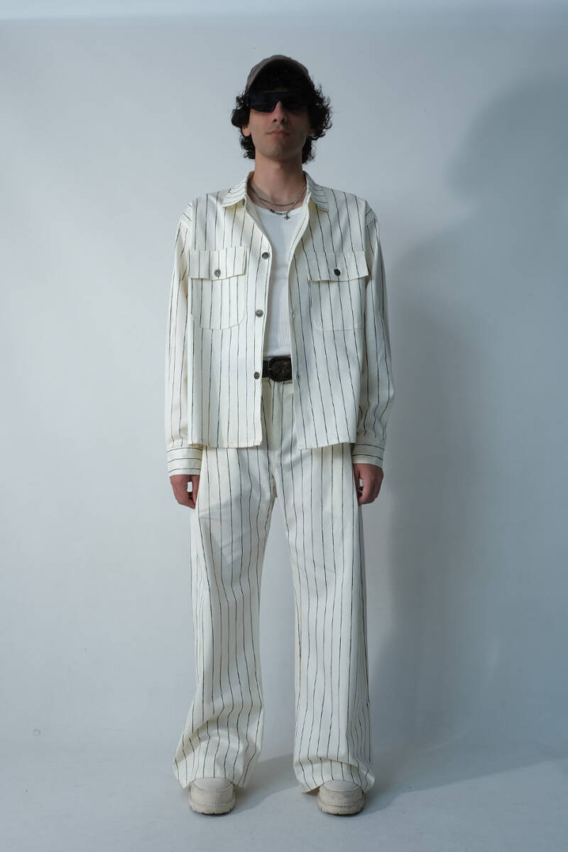 Siyah Çizgili Ekru Oversize Ceket - 3