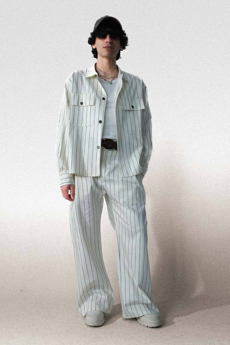 Siyah Çizgili Ekru Oversize Ceket - 2