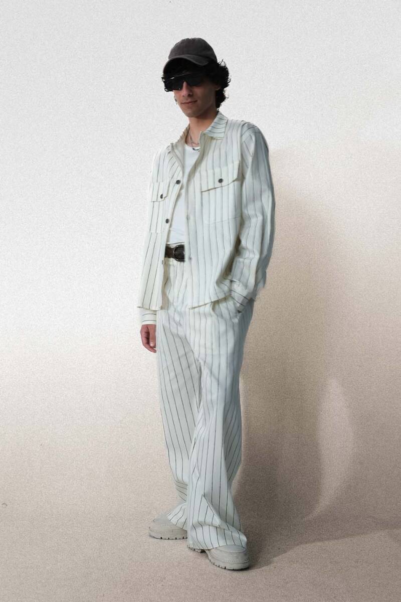 Siyah Çizgili Ekru Oversize Ceket - 4