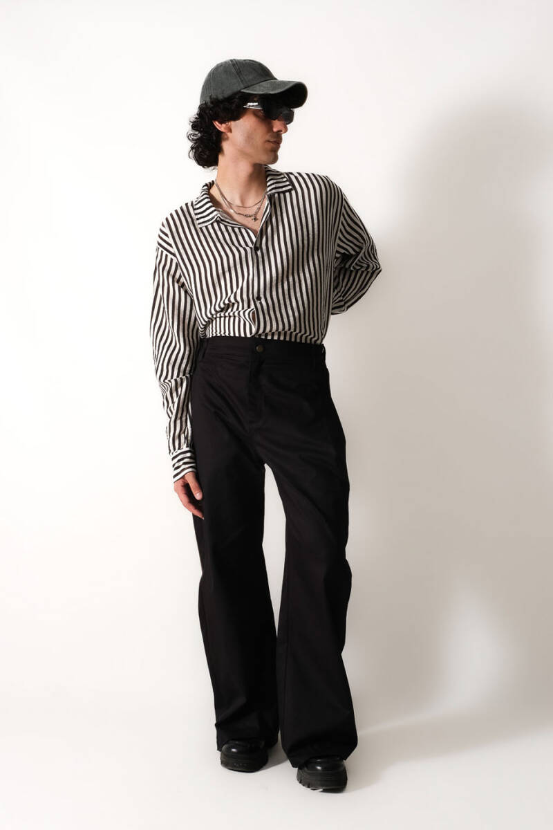 Siyah Çizgili Oversize Gömlek - 6