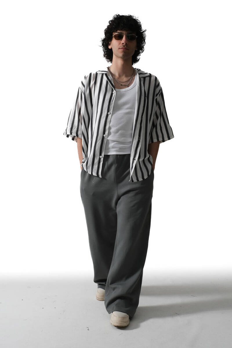 Siyah Çizgili Yarım Kol Essential Oversize Gömlek - 3