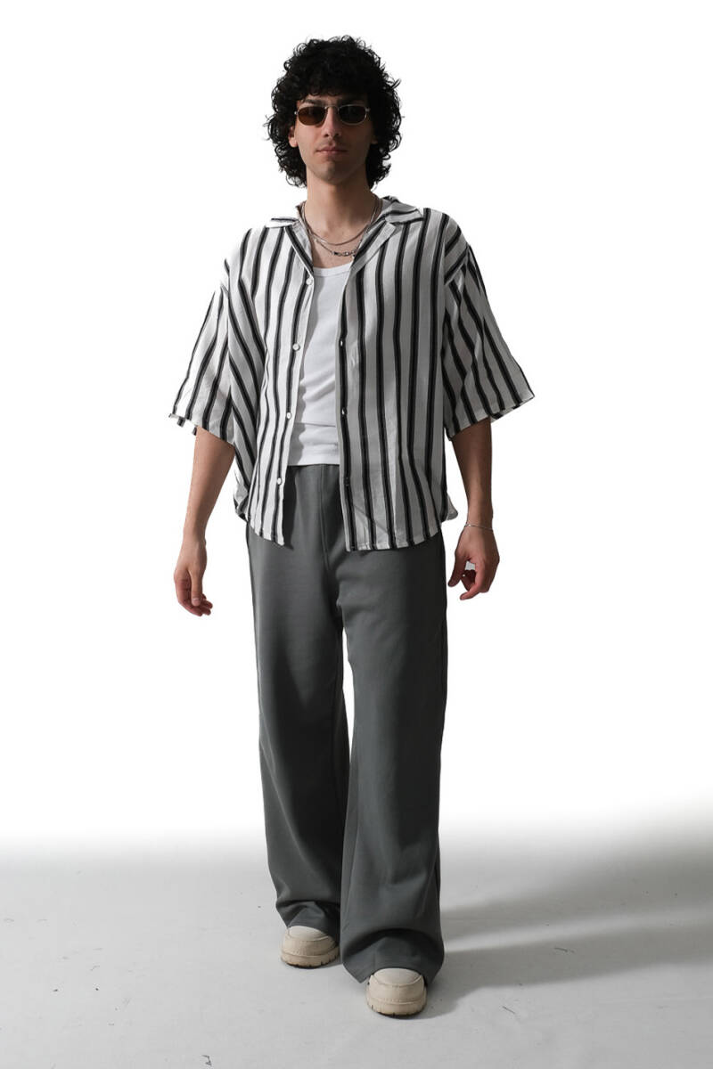 Siyah Çizgili Yarım Kol Essential Oversize Gömlek - 4