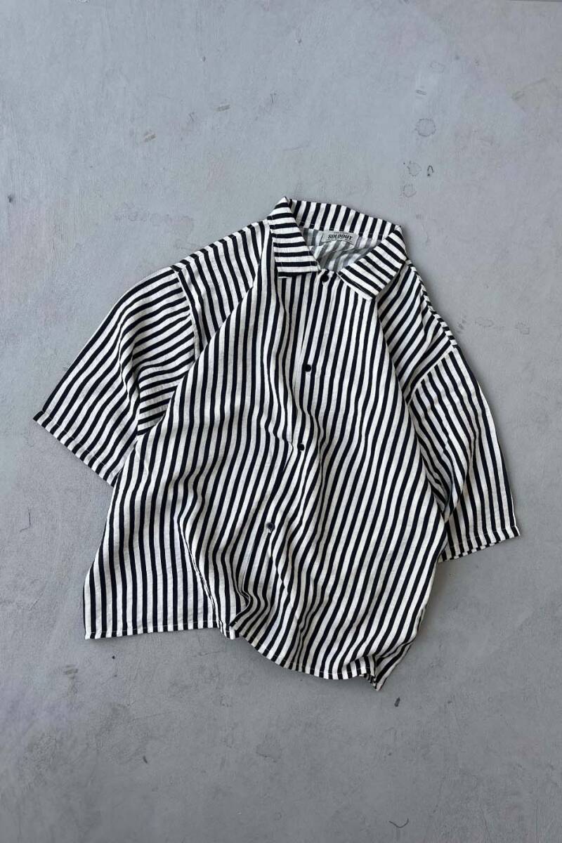 Siyah Çizgili Yarım Kol Oversize Gömlek - 2