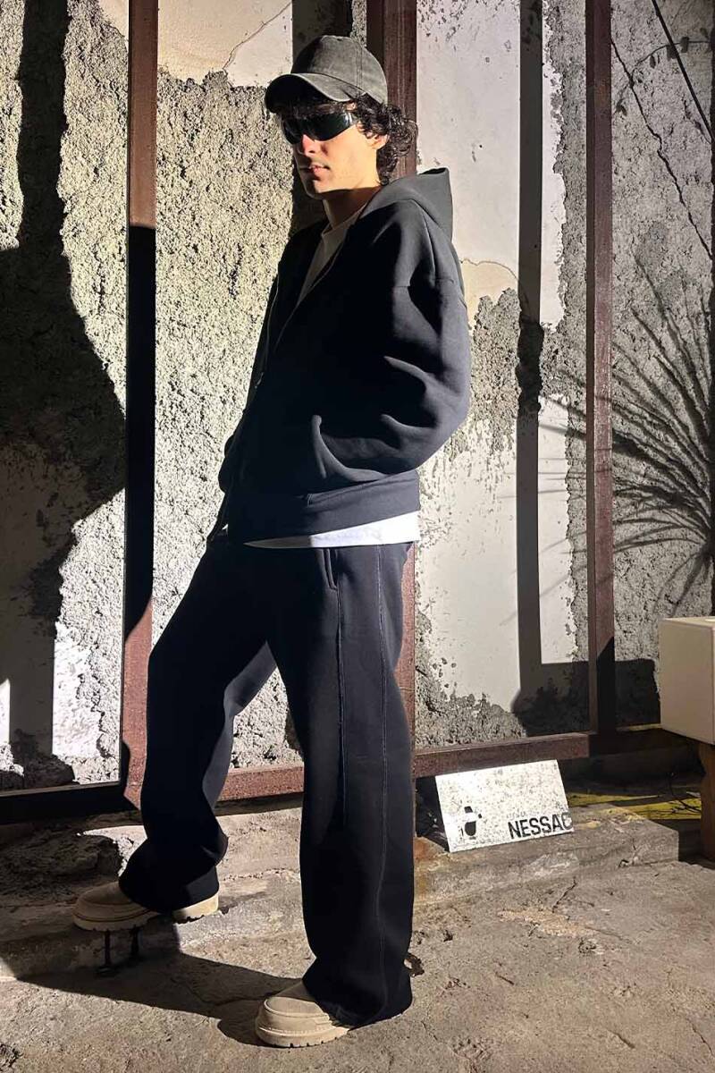 Siyah Çift Dikiş Detaylı Heavyweight (550GSM) Baggy Eşofman - 5