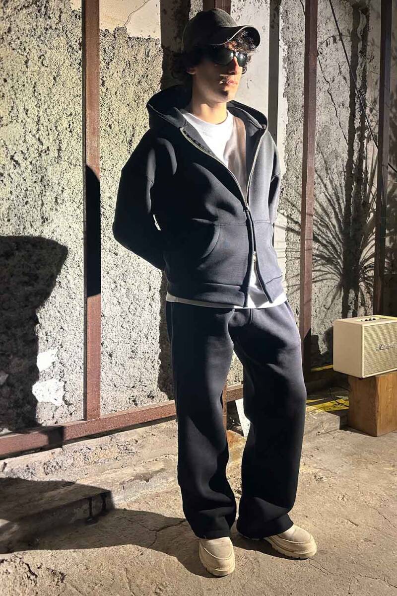 Siyah Çift Dikiş Detaylı Heavyweight (550GSM) Baggy Eşofman - 6
