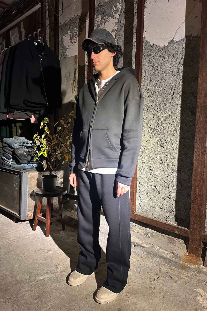 Siyah Çift Dikiş Detaylı Heavyweight (550GSM) Baggy Eşofman - 7