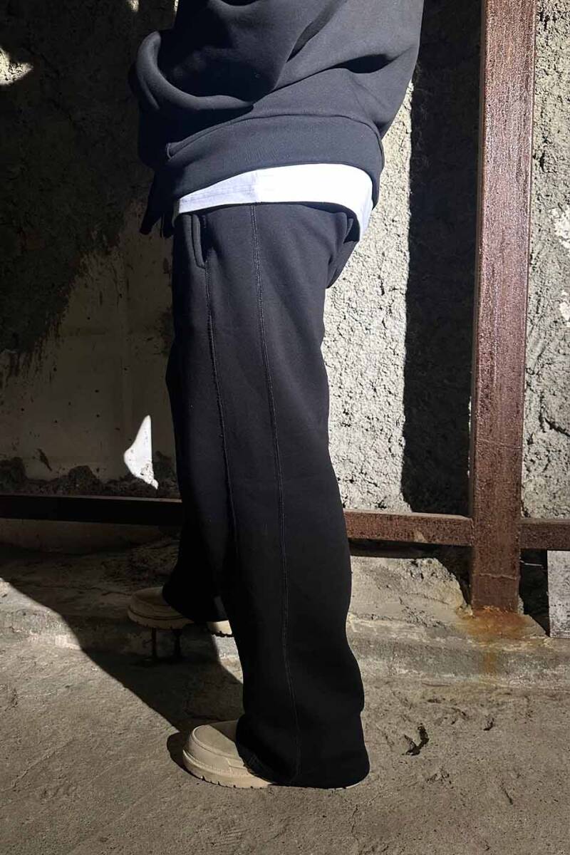 Siyah Çift Dikiş Detaylı Heavyweight (550GSM) Baggy Eşofman - 4