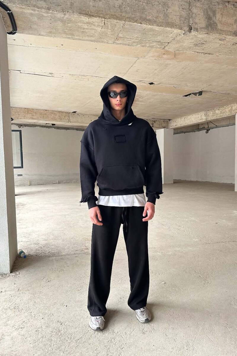 Siyah Handmade Distressed Oversize Boxy Fit Hoodie 