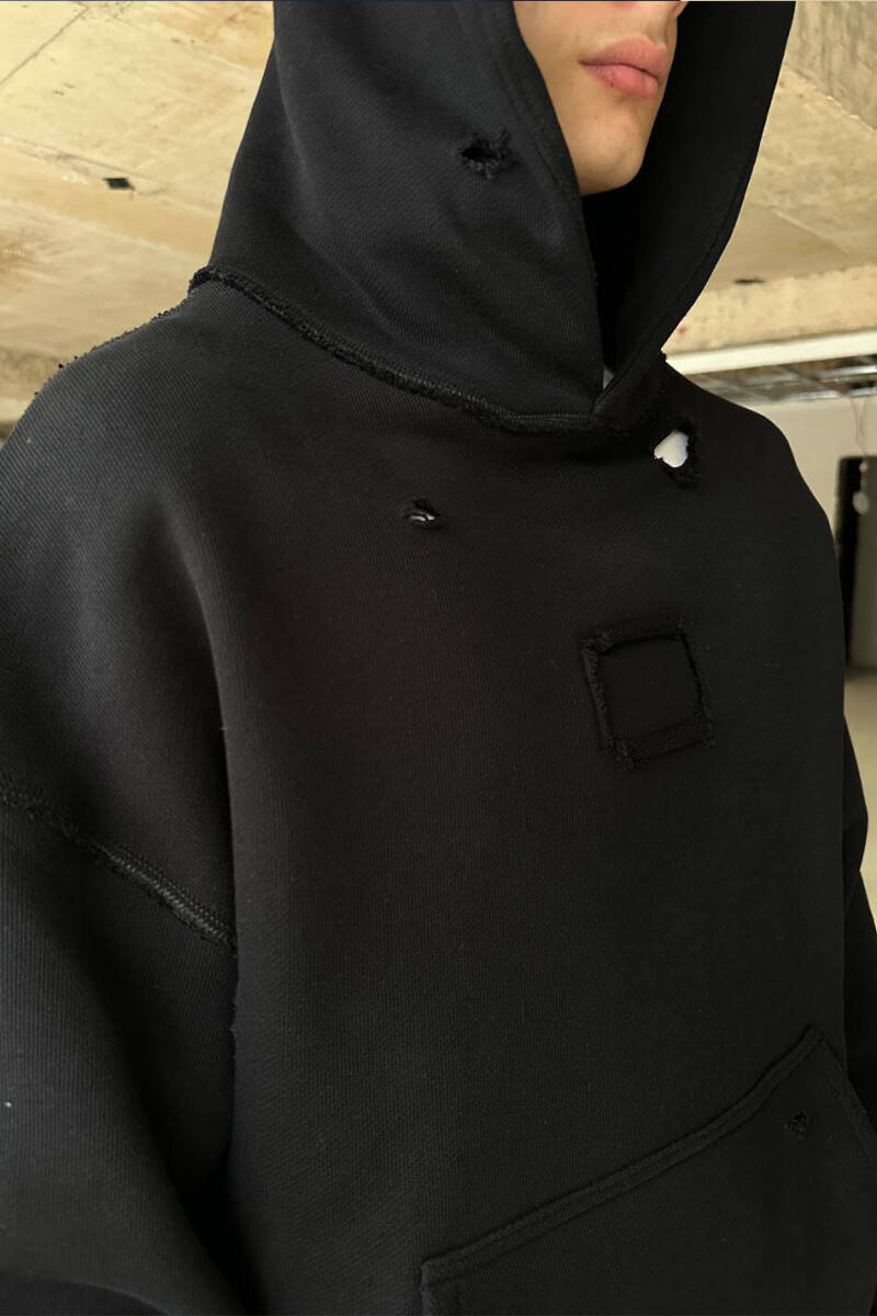 Siyah Handmade Distressed Oversize Boxy Fit Hoodie - 2