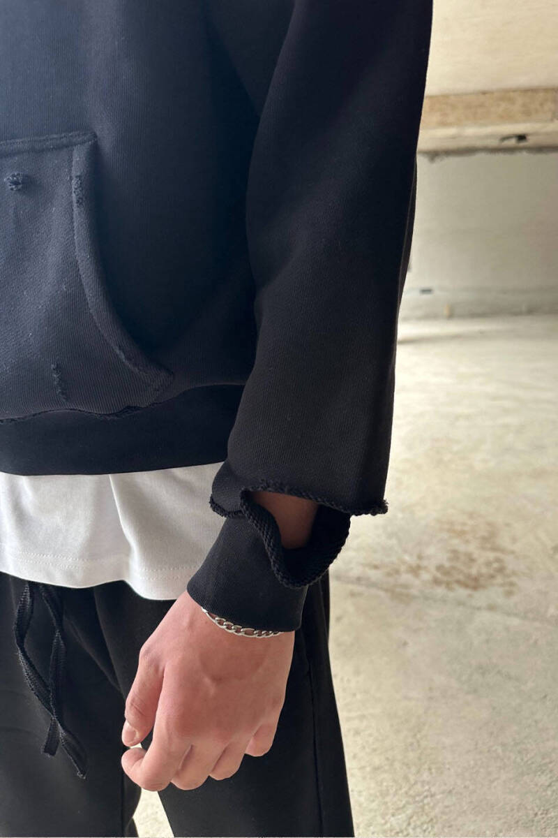 Siyah Handmade Distressed Oversize Boxy Fit Hoodie - 3