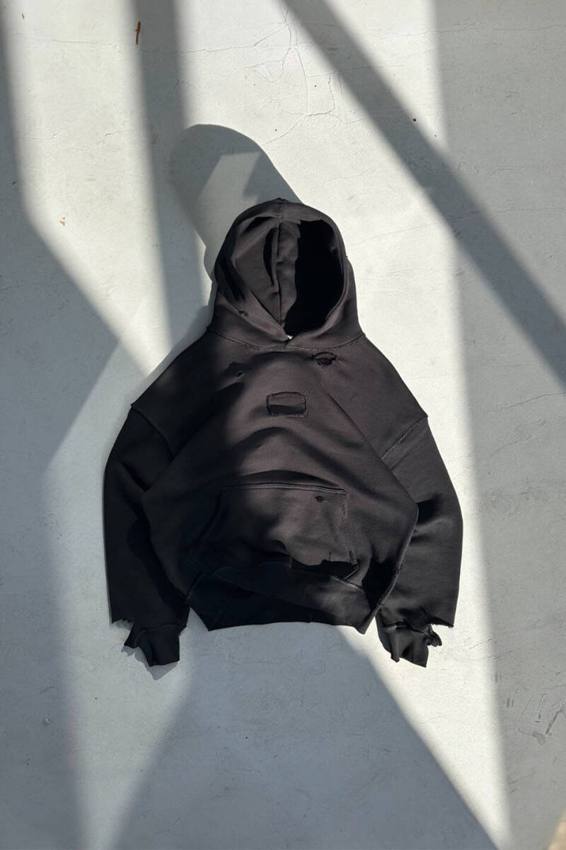 Siyah Handmade Distressed Oversize Boxy Fit Hoodie - 4