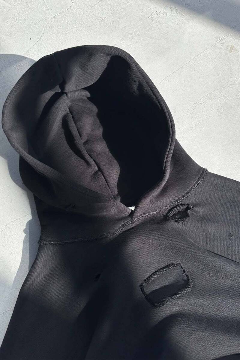 Siyah Handmade Distressed Oversize Boxy Fit Hoodie - 7