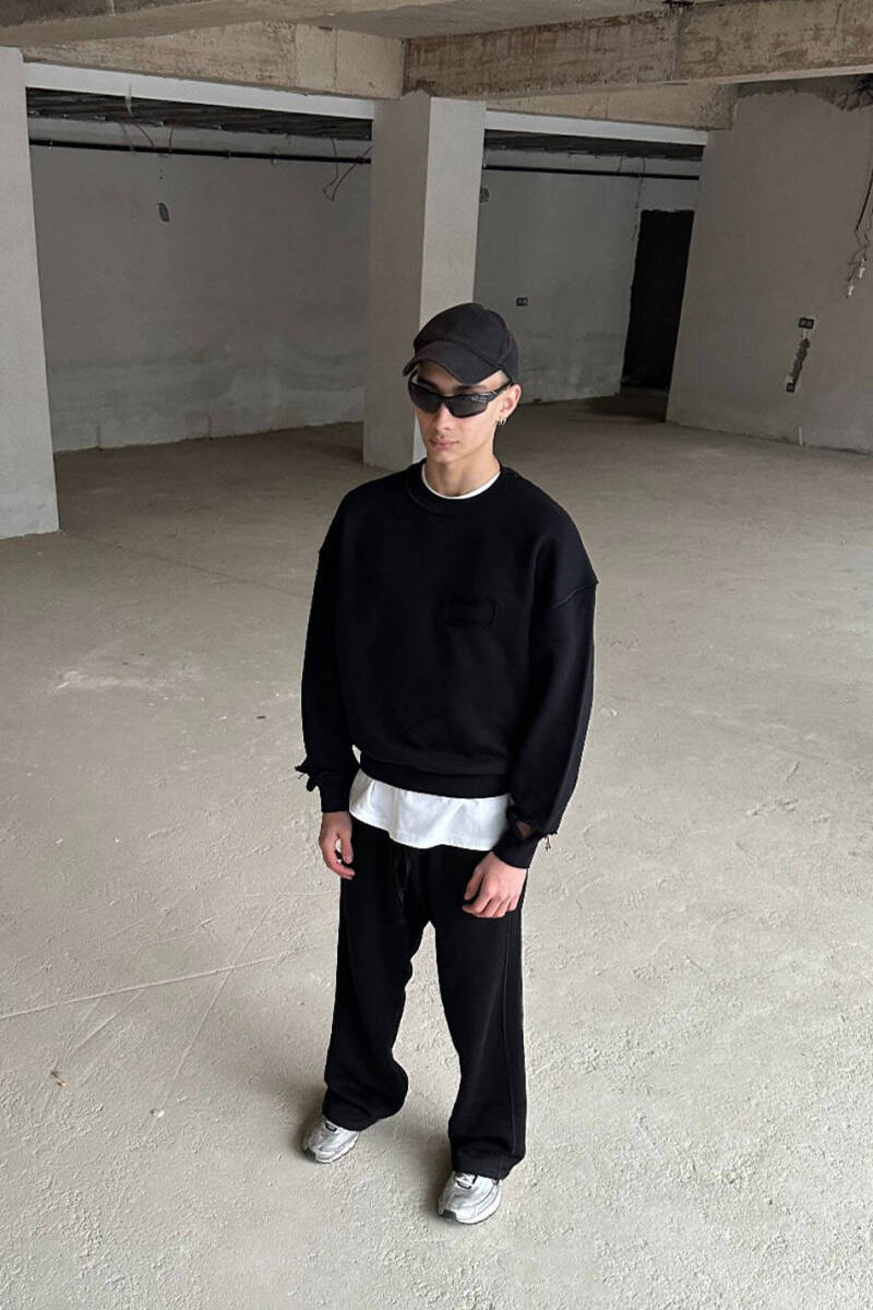 Siyah Handmade Distressed Oversize Boxy Fit Sweatshirt - 4