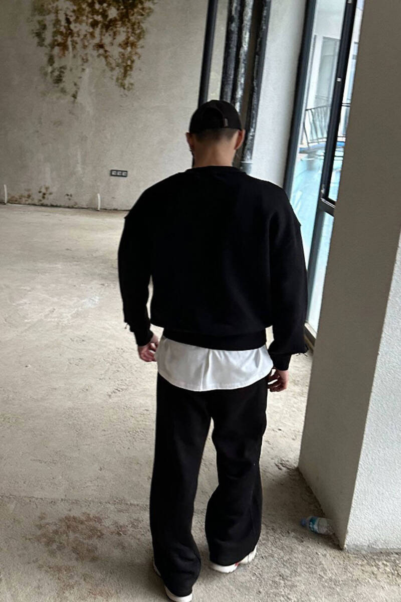 Siyah Handmade Distressed Oversize Boxy Fit Sweatshirt - 5