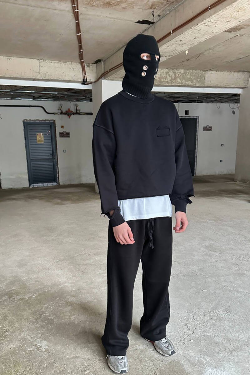 Siyah Handmade Distressed Oversize Boxy Fit Sweatshirt 