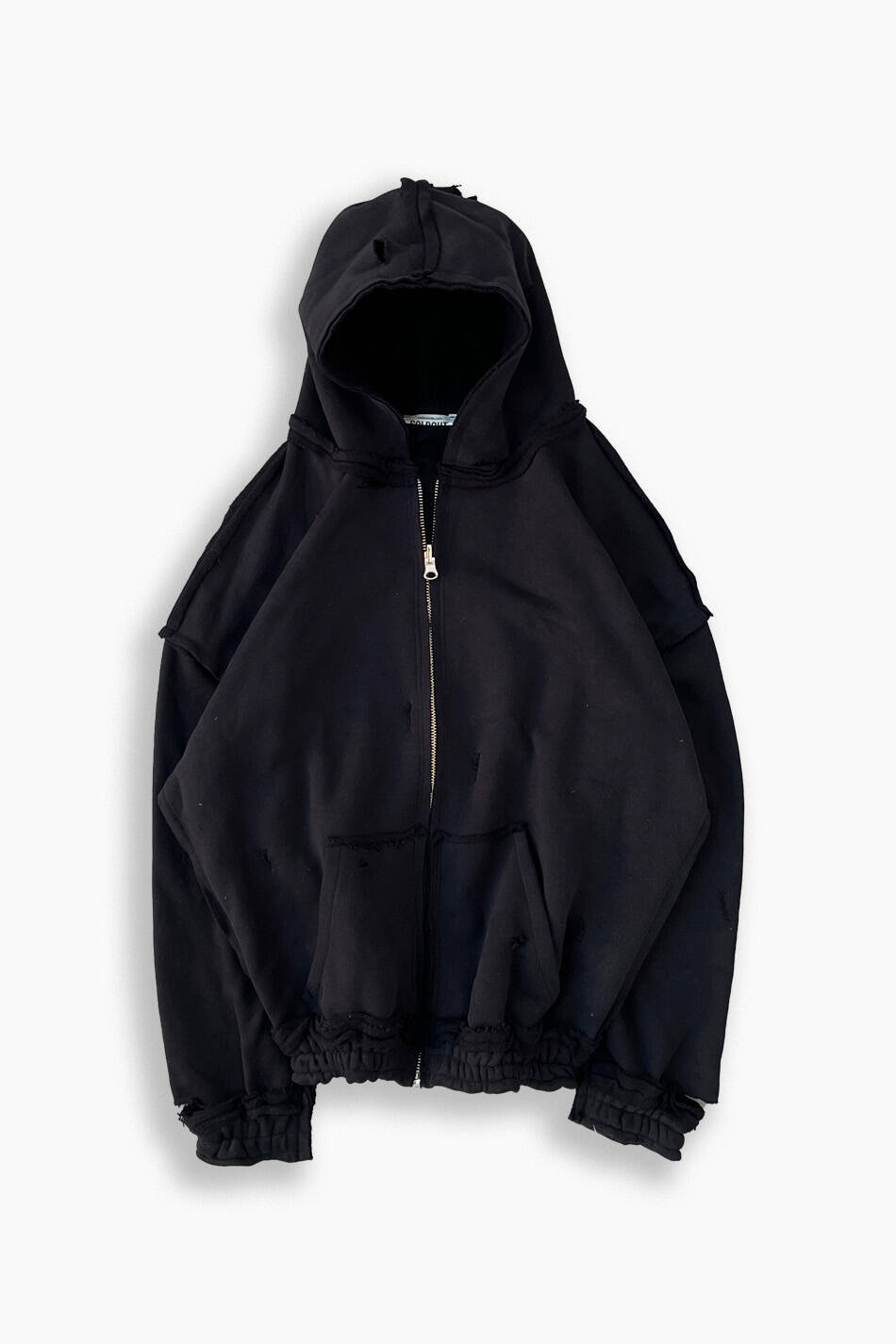 Siyah Yırtık 550 GSM (Heavyweight) Çift Taraflı Boxy Fit Zip Hoodie - SOLDOUT