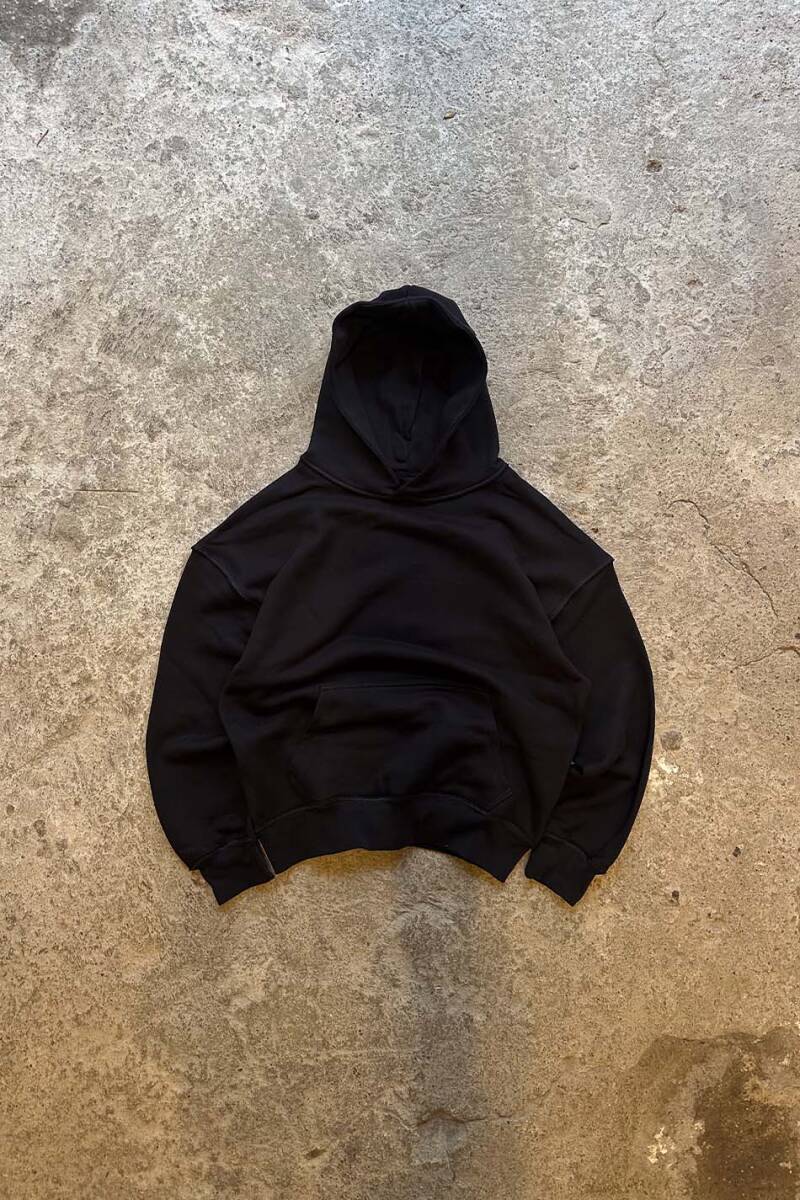 Siyah Heavyweight (550GSM) Ters Dikiş Detaylı Oversize Boxy Fit Hoodie - 1