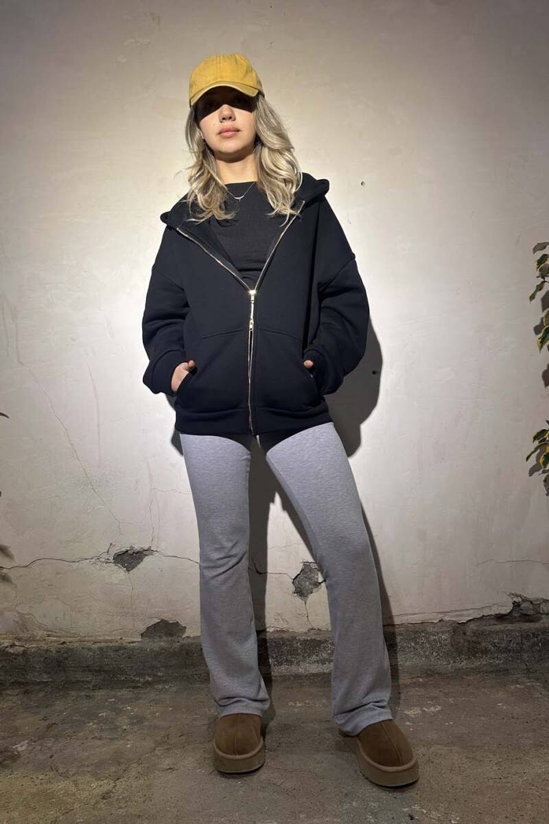 Siyah Heavyweight Oversize Boxy Fit Zip Hoodie V2 - 5