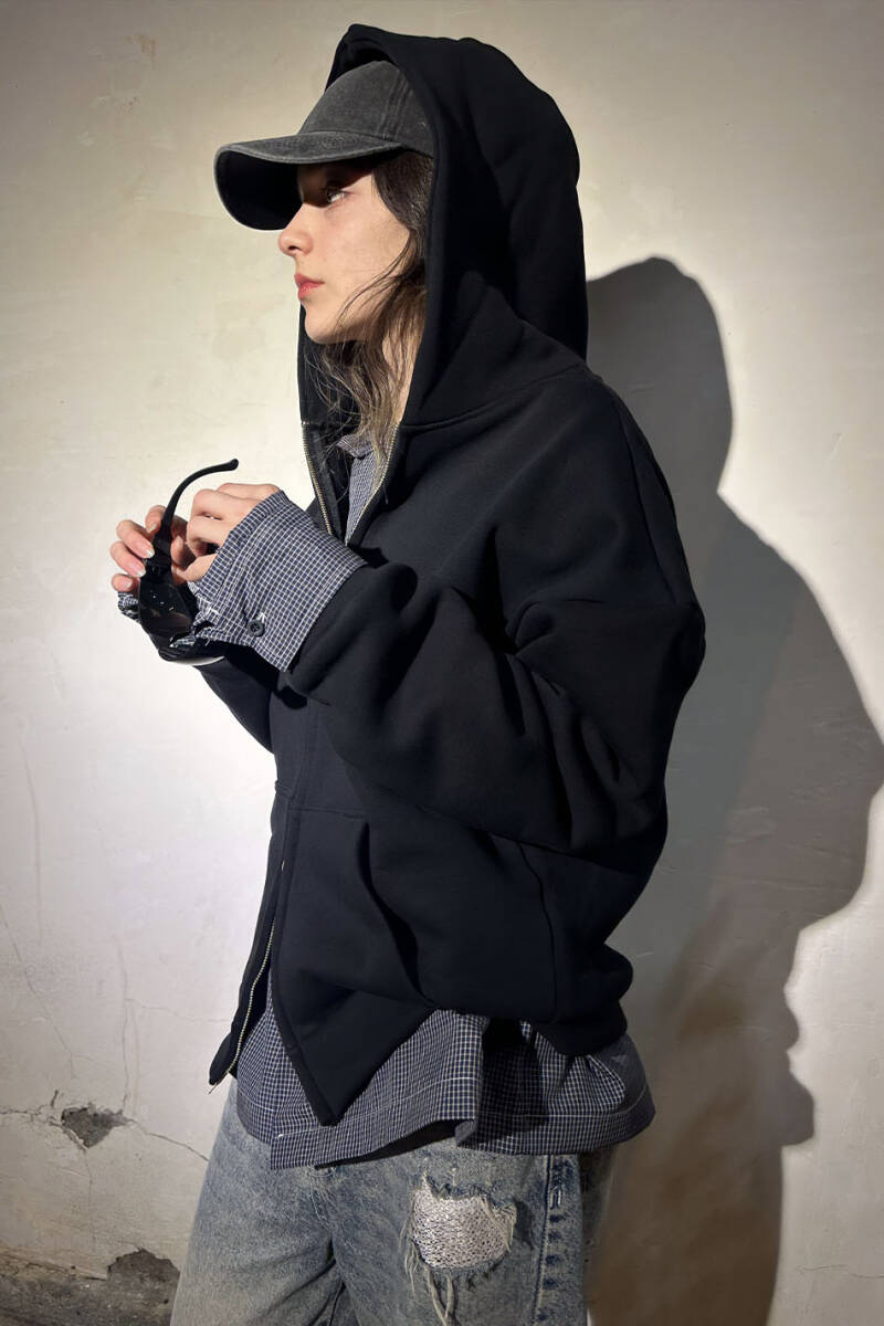 Siyah Heavyweight Oversize Boxy Fit Zip Hoodie V2 - 4