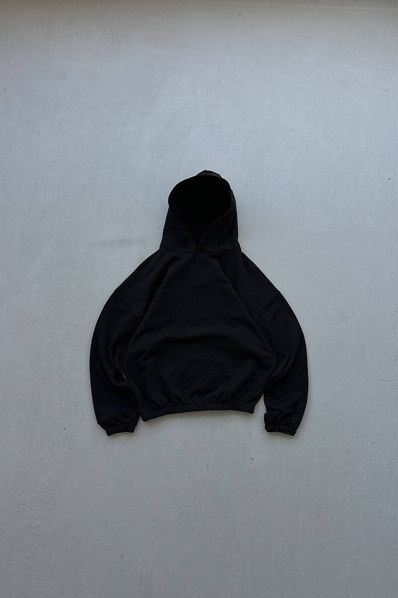 Siyah Oversize 350GSM Şardonsuz Diyagonel Boxy Fit Hoodie - SOLDOUT