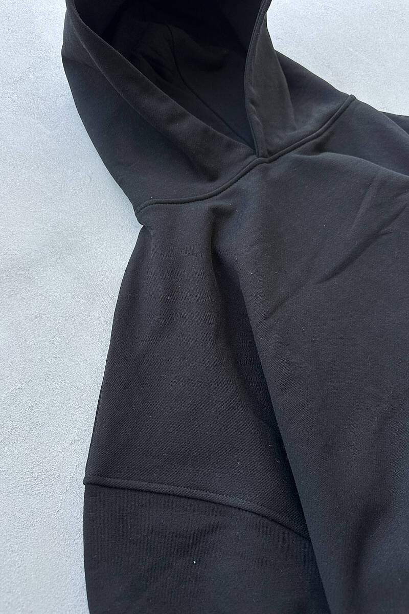 Siyah Oversize 350GSM Şardonsuz Diyagonel Boxy Fit Hoodie - SOLDOUT (1)