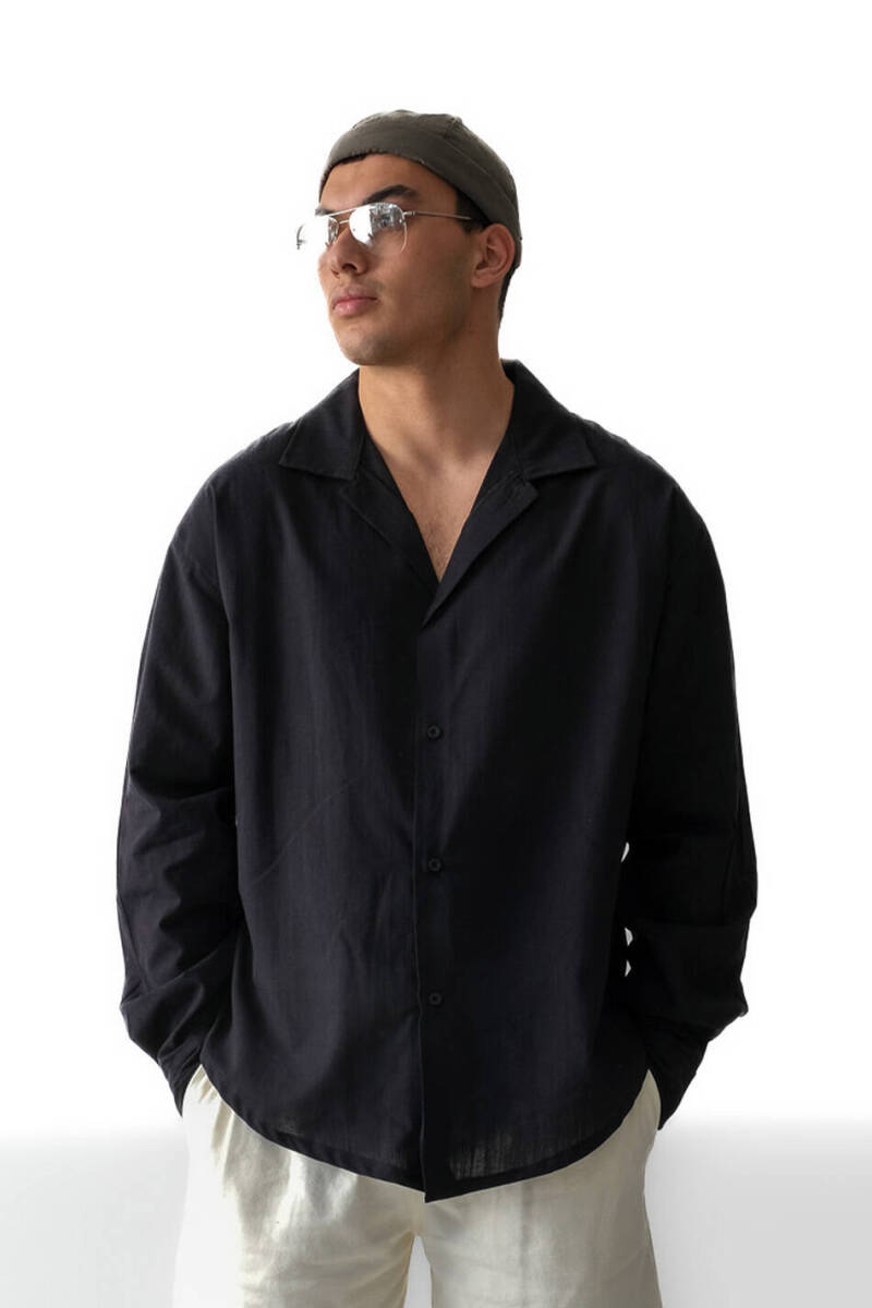 Siyah Oversize %100 Pamuk İnce Gömlek - 1