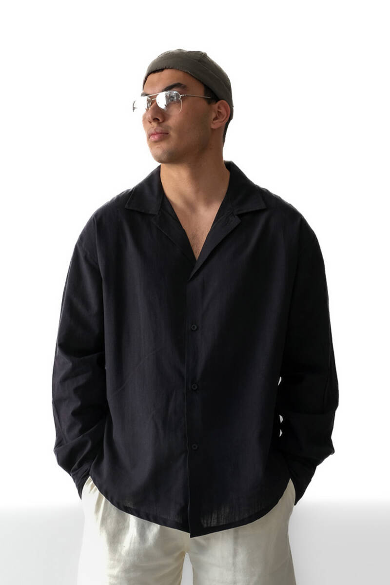 Siyah Oversize %100 Pamuk İnce Gömlek 