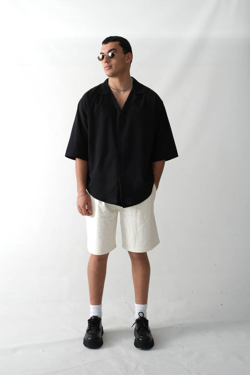 Siyah Oversize Yarım Kol %100 Pamuk İnce Gömlek - 5