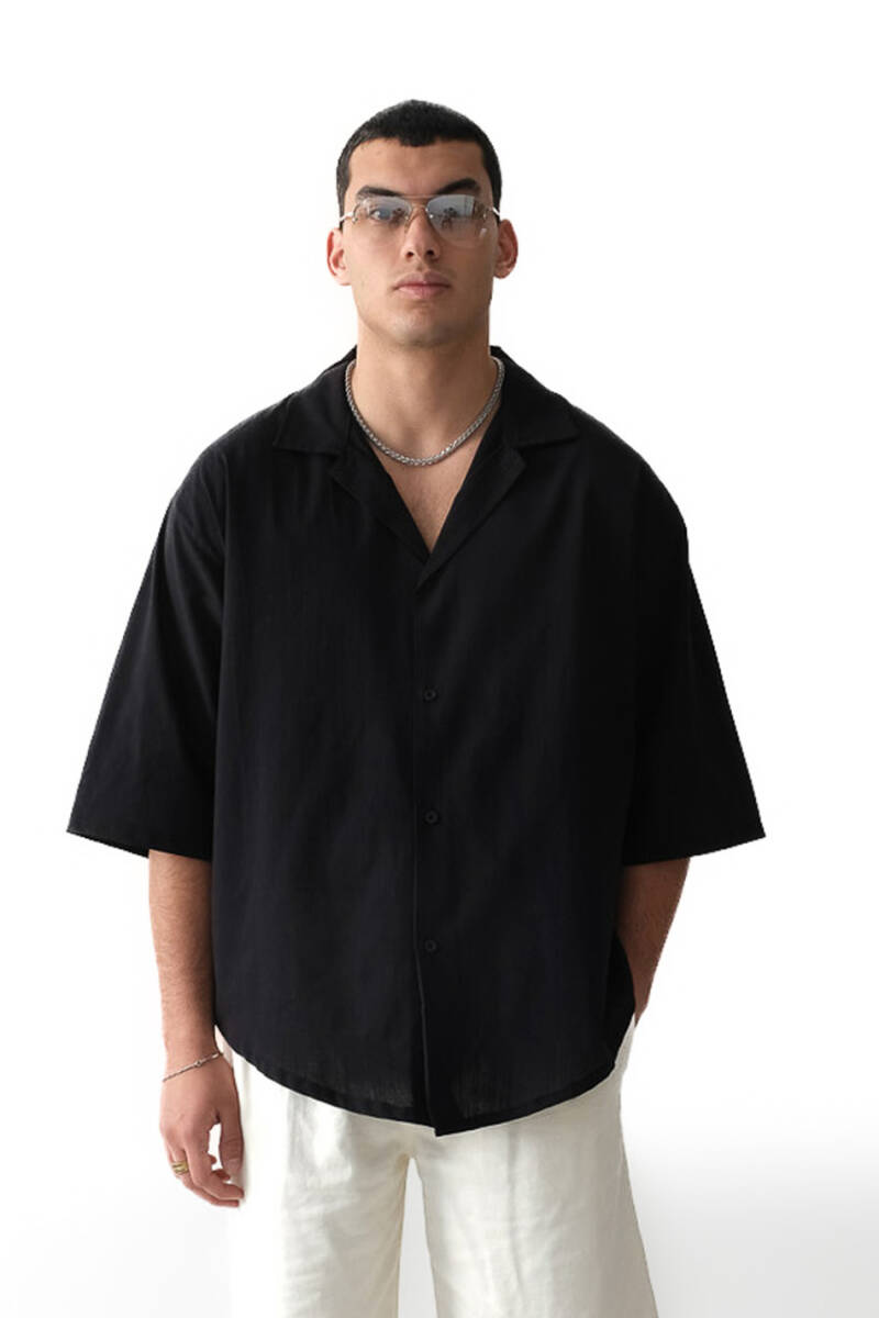 Siyah Oversize Yarım Kol %100 Pamuk İnce Gömlek - 1