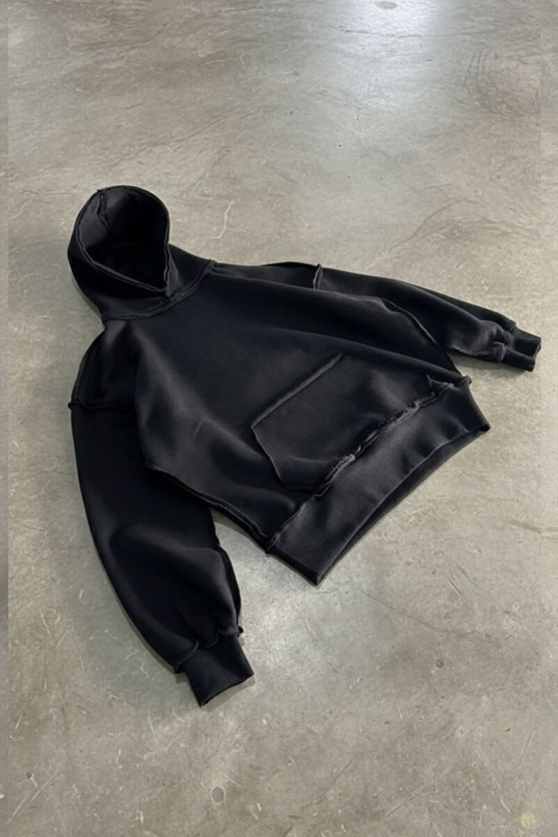 Siyah Heavyweight (550GSM) Pis Dikiş Detaylı Oversize Boxy Fit Hoodie - 4