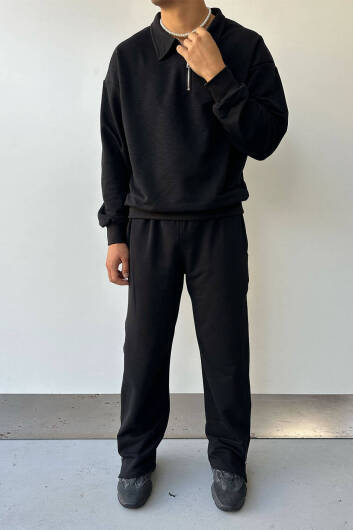 Siyah Yarım Fermuar Polo Yaka Sweatshirt - 4