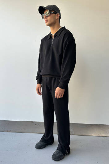 Siyah Yarım Fermuar Polo Yaka Sweatshirt - 2