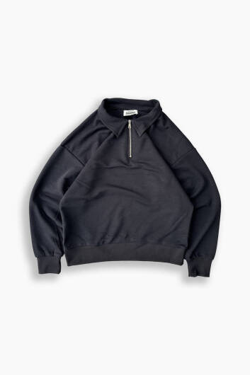 Siyah Yarım Fermuar Polo Yaka Sweatshirt - 1