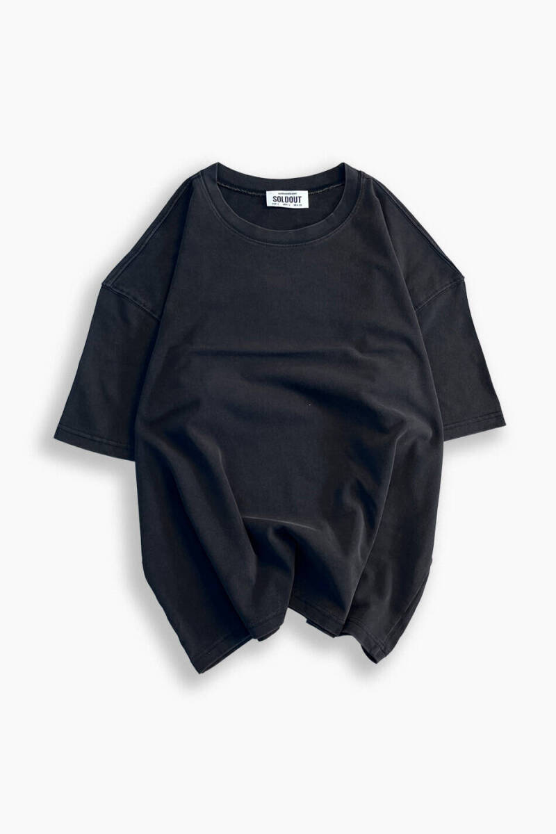 Oversize Basic Siyah Yıkamalı Tişört - 1