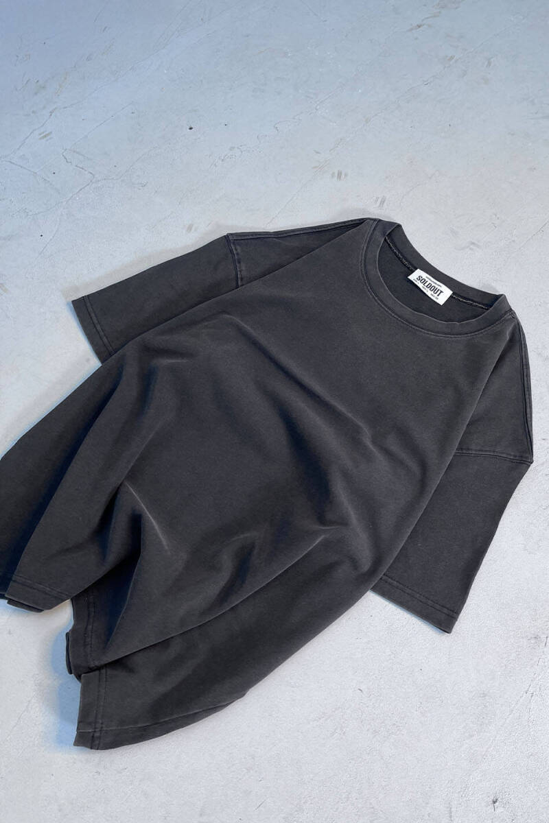 Oversize Basic Siyah Yıkamalı Tişört - 2