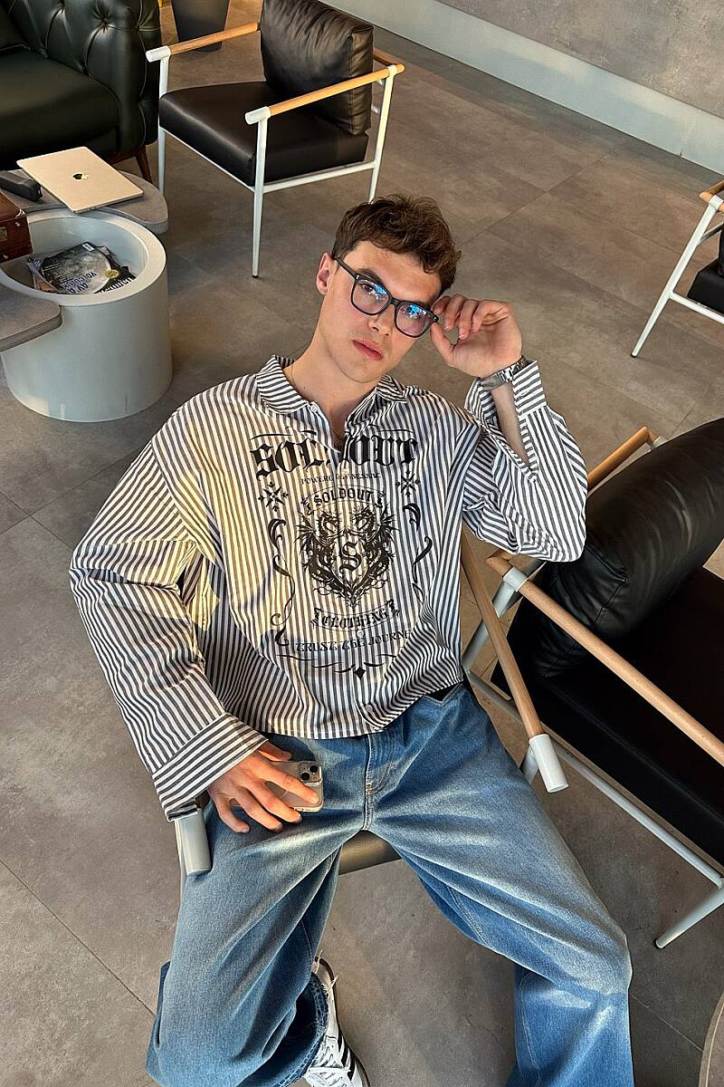 Soldout Dragon Antrasit Çizgili Boxy Fit Gömlek - 3