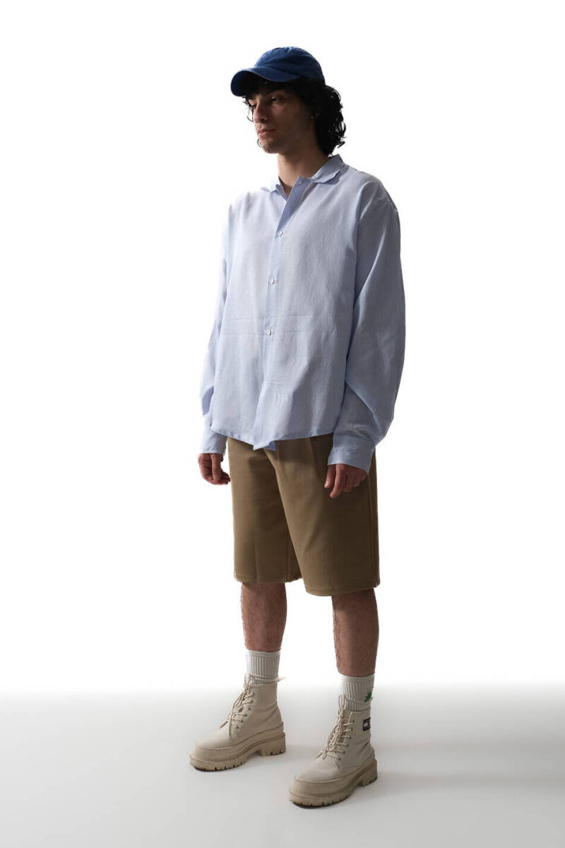 Sorry Not Sorry İnce Mavi Çizgili Oversize Gömlek - 5