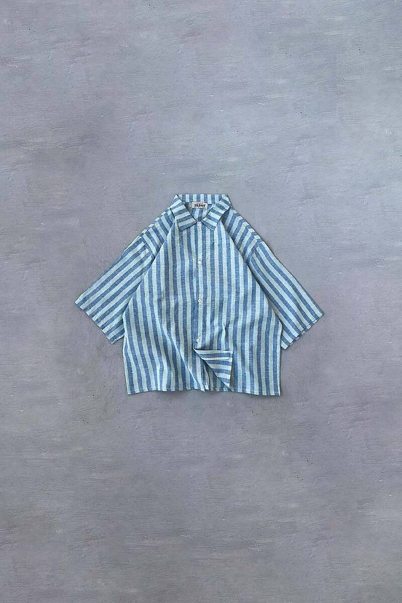 Su Yeşili - Mavi Yarım Kol Oversize Gömlek - SOLDOUT