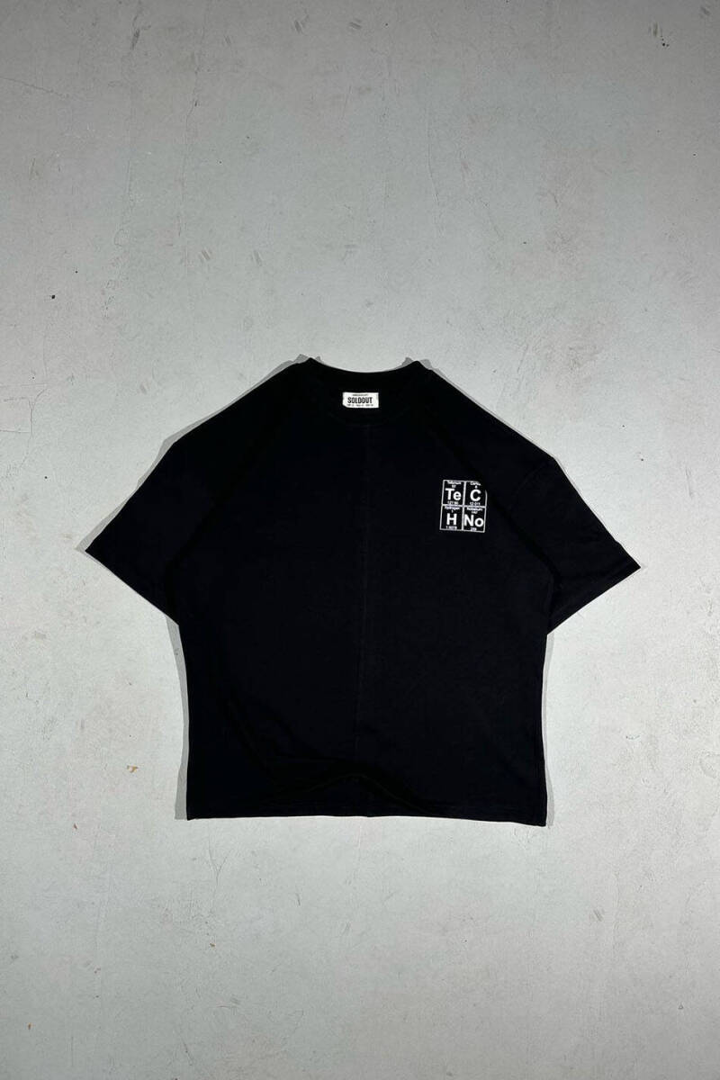 Techno Element Baskılı Dikiş Detaylı Siyah Oversize Tişört - 2